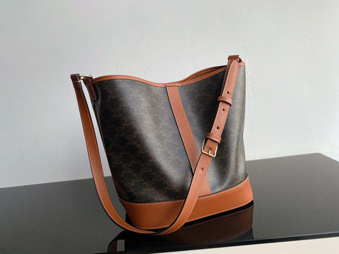 Celine Small Bucket Bag in Triomphe Canvas and Calfskin - Tan