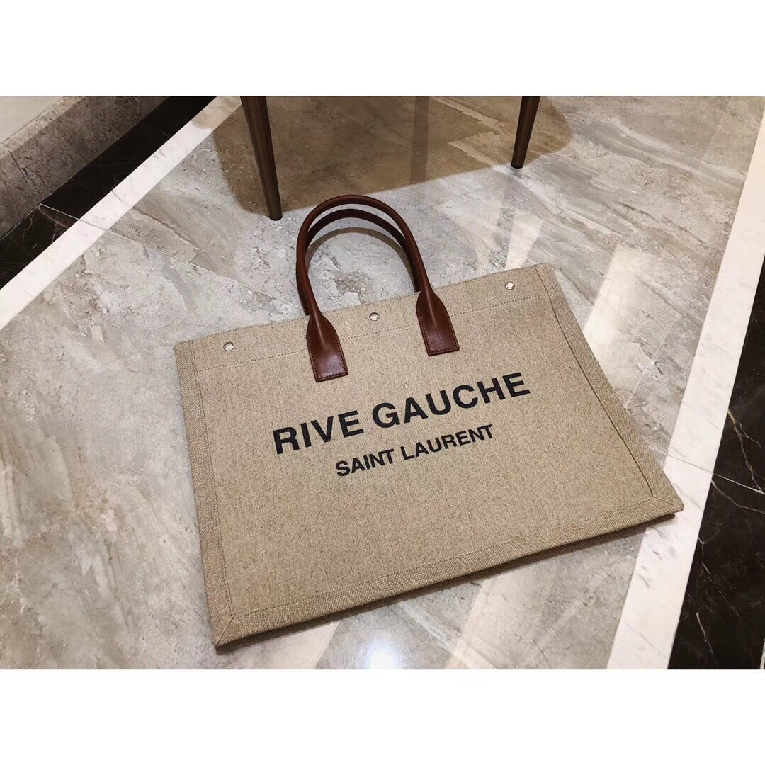 Saint Laurent Rive Gauche Large Tote Bag in Linen Canvas and Leather