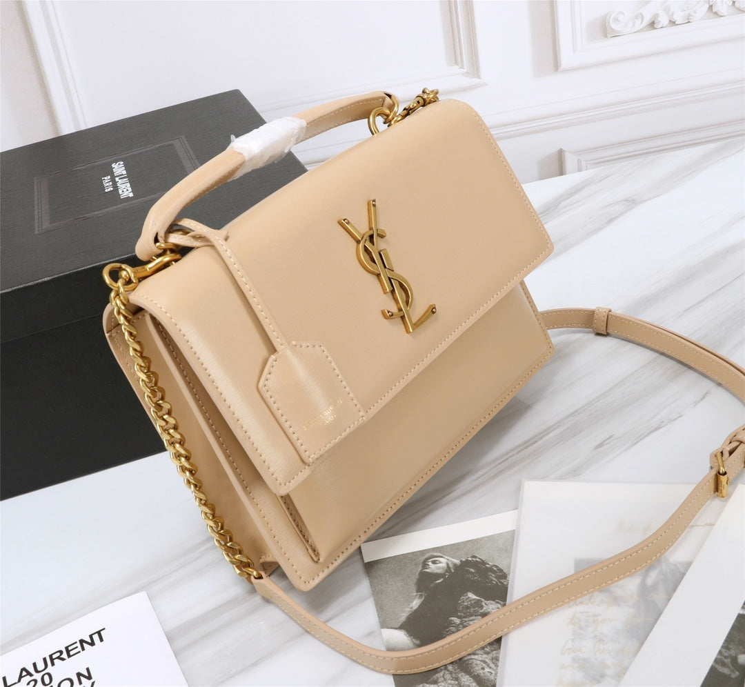 Saint Laurent Medium Sunset Shoulder Bag in Smooth Leather - Beige