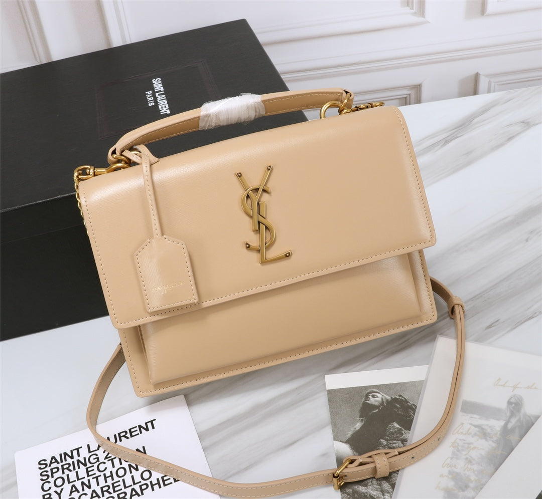Saint Laurent Medium Sunset Shoulder Bag in Smooth Leather - Beige