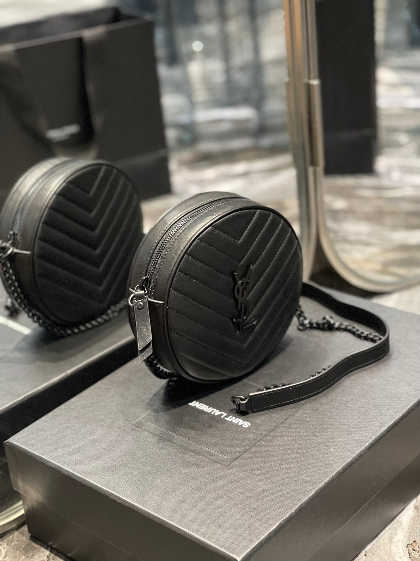 Saint Laurent Vinyle Round Camera Bag in Chevron-Quilted Leather - Black