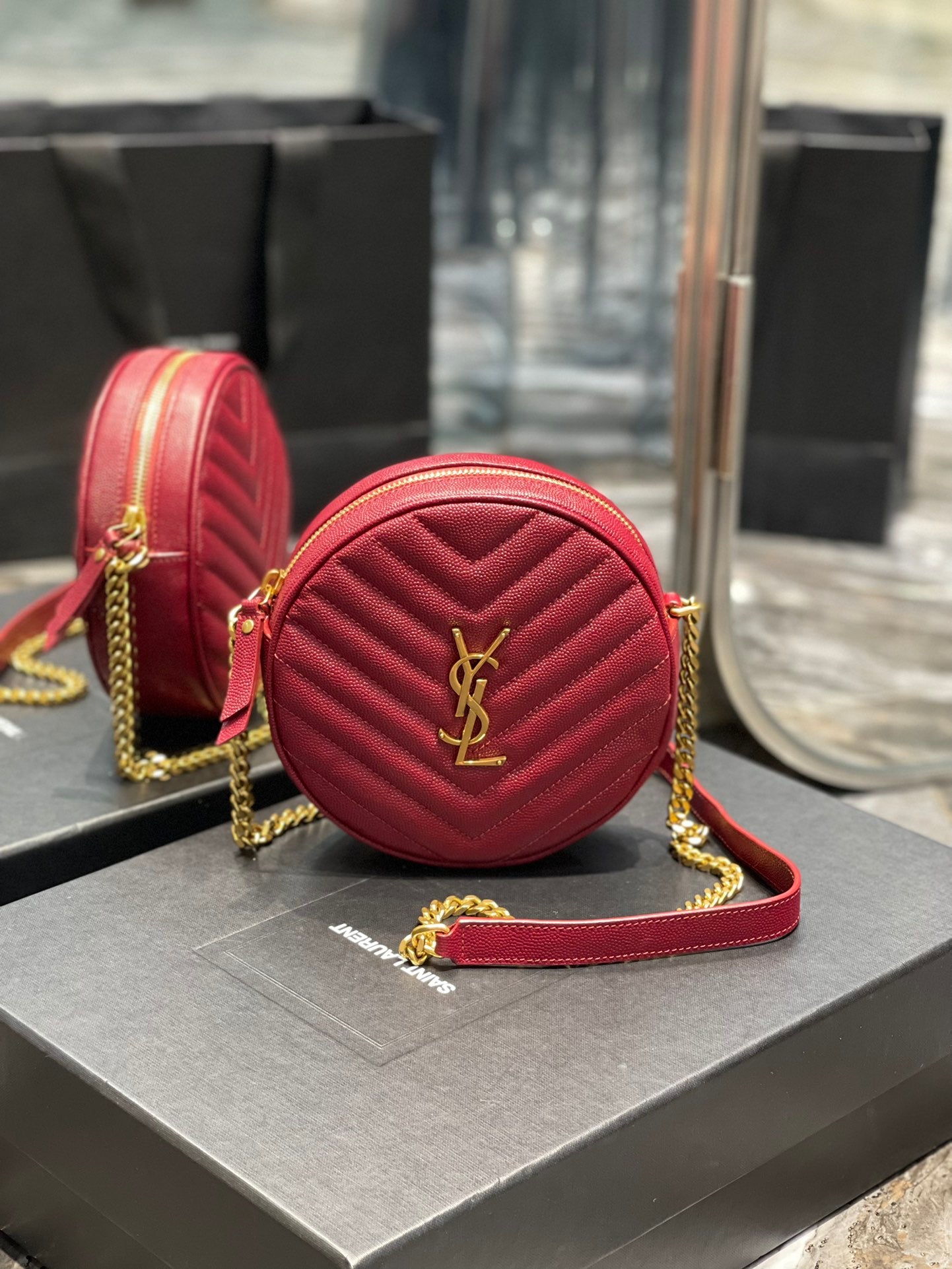 Saint Laurent Vinyle Round Camera Bag in Chevron-Quilted Leather - Red