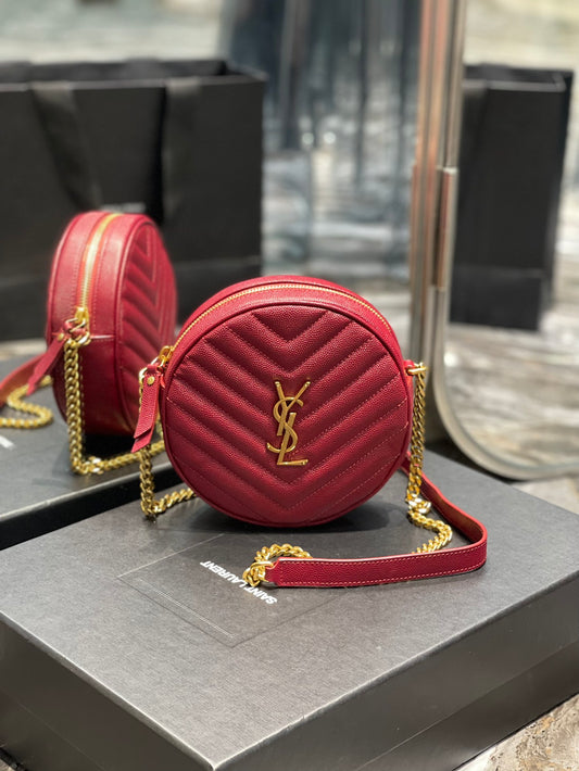Saint Laurent Vinyle Round Camera Bag in Chevron-Quilted Leather - Red