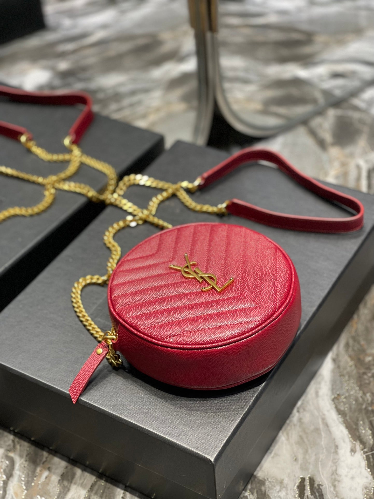 Saint Laurent Vinyle Round Camera Bag in Chevron-Quilted Leather - Red