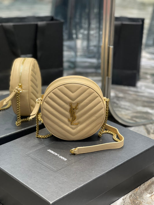 Saint Laurent Vinyle Round Camera Bag in Matelassé Chevron Leather - Beige/Gold