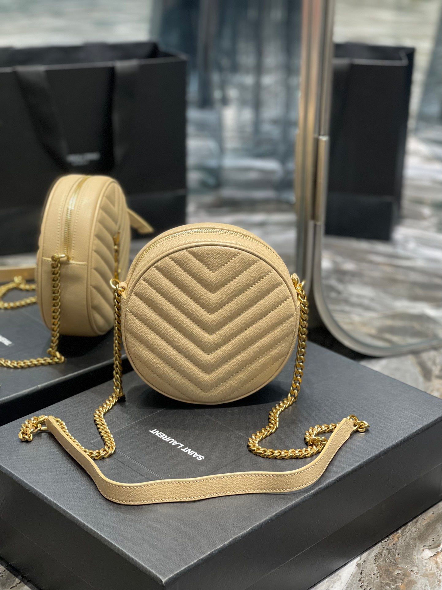 Saint Laurent Vinyle Round Camera Bag in Matelassé Chevron Leather - Beige/Gold