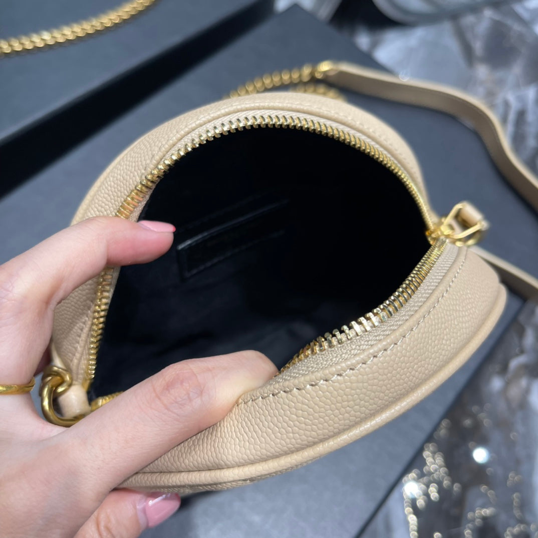 Saint Laurent Vinyle Round Camera Bag in Matelassé Chevron Leather - Beige/Gold