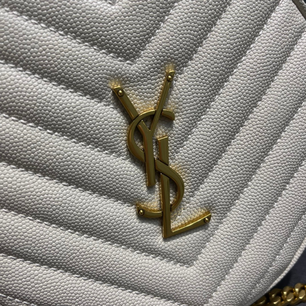 Saint Laurent Vinyle Round Camera Bag in Chevron-Quilted Leather - Off-White