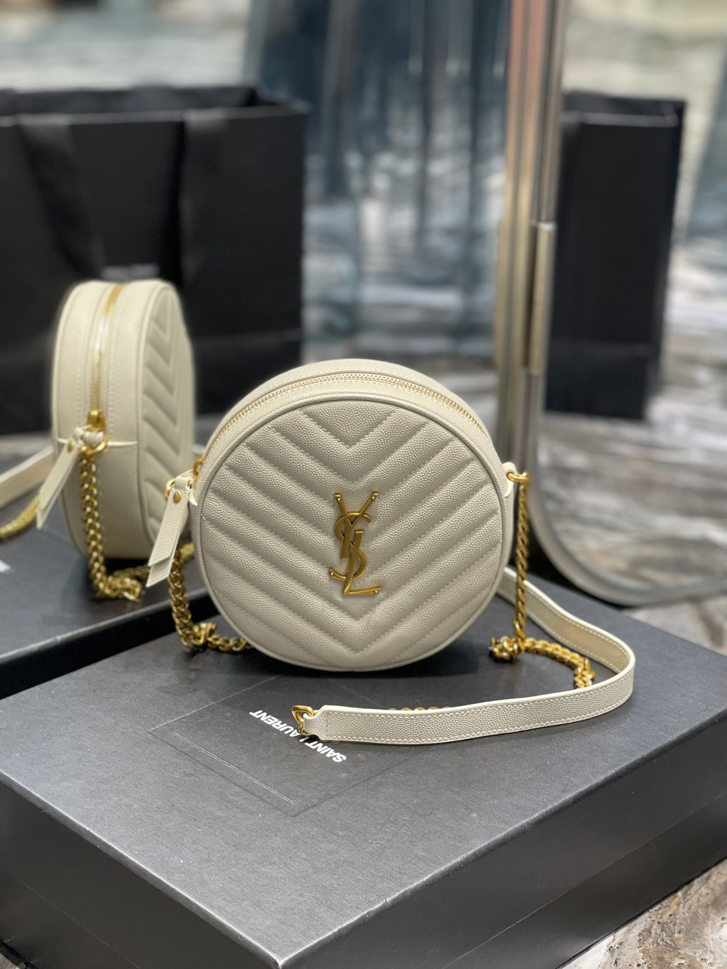 Saint Laurent Vinyle Round Camera Bag in Chevron-Quilted Leather - Off-White