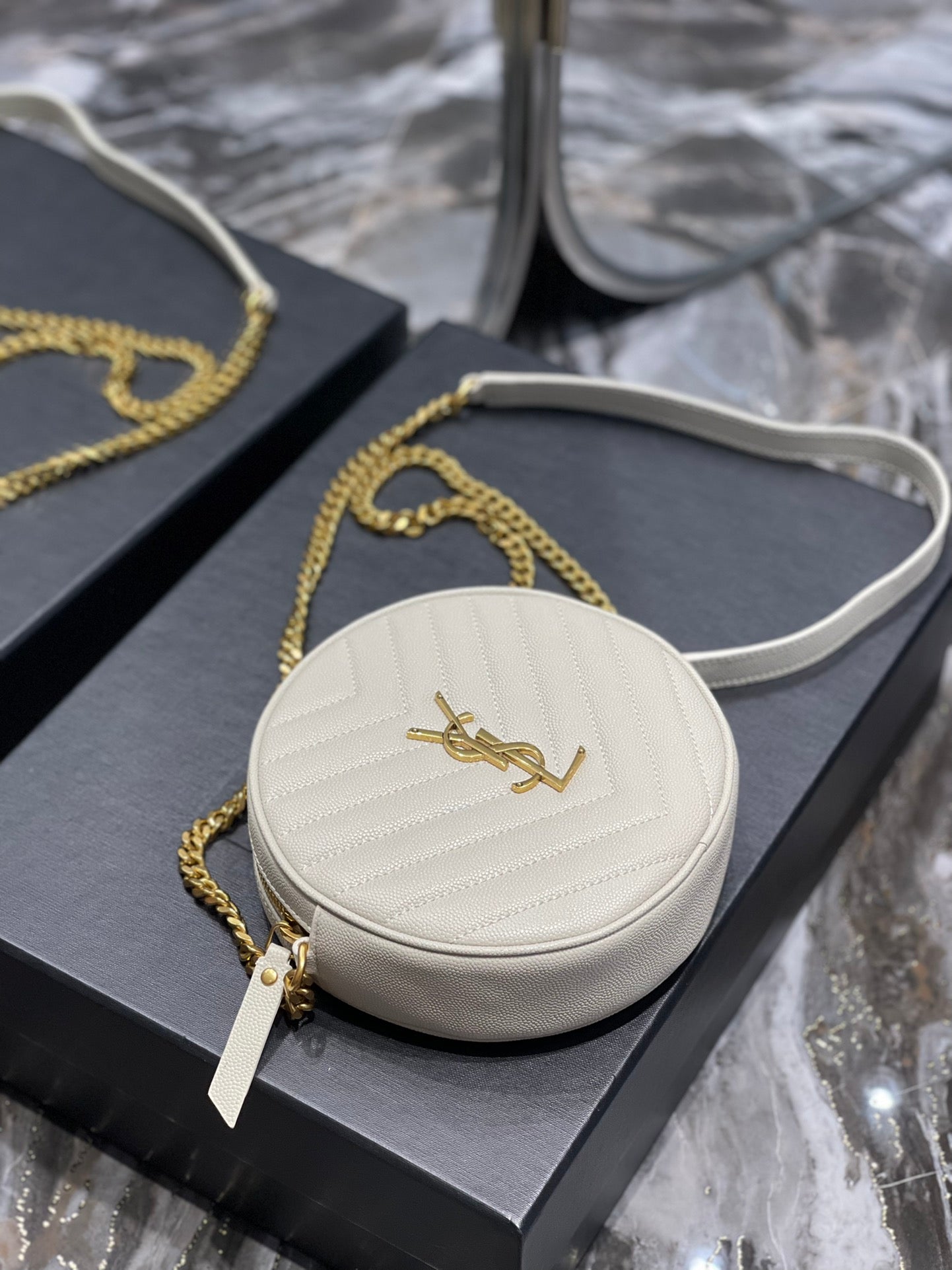 Saint Laurent Vinyle Round Camera Bag in Chevron-Quilted Leather - Off-White