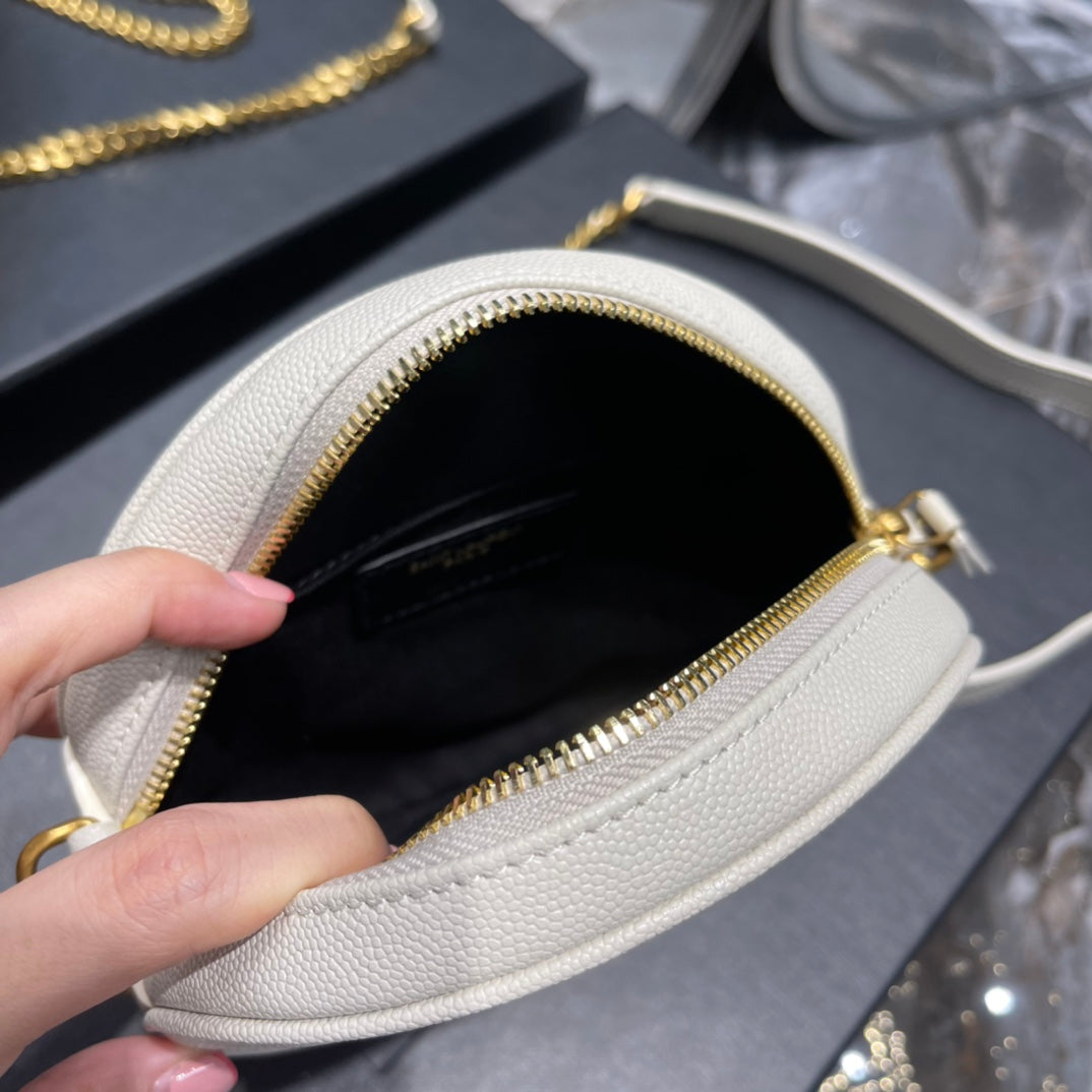 Saint Laurent Vinyle Round Camera Bag in Chevron-Quilted Leather - Off-White