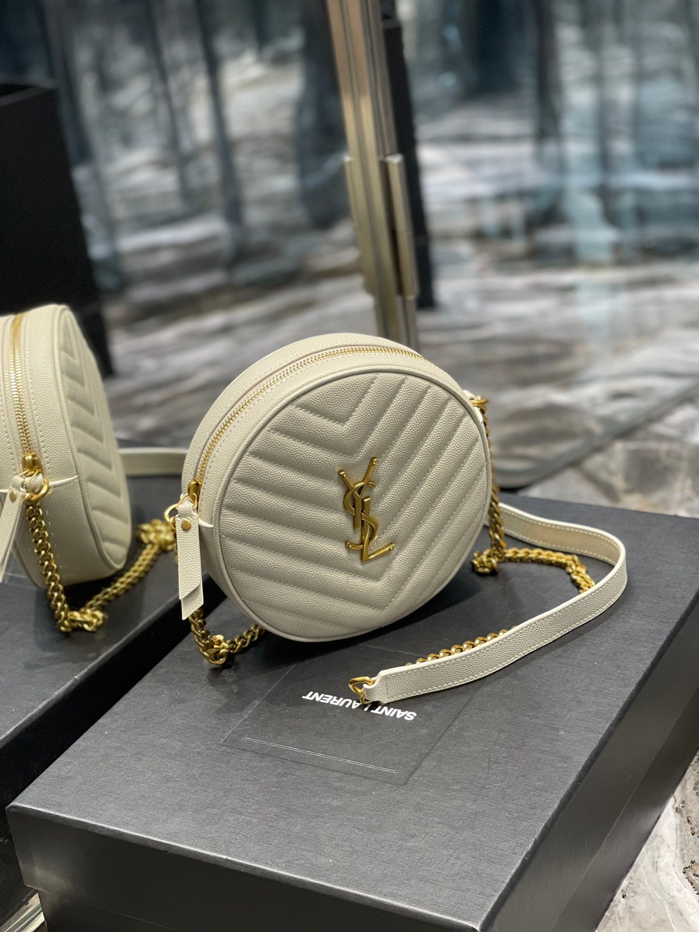 Saint Laurent Vinyle Round Camera Bag in Chevron-Quilted Leather - Off-White