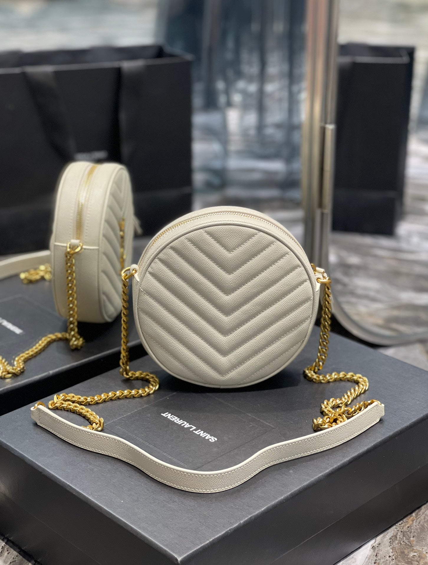 Saint Laurent Vinyle Round Camera Bag in Chevron-Quilted Leather - Off-White