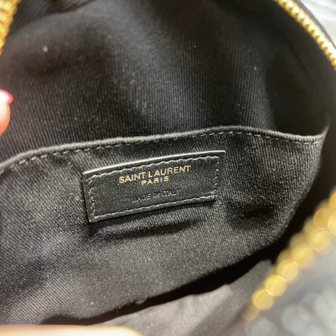 Saint Laurent Vinyle Round Camera Bag in Chevron Quilted Leather - Black