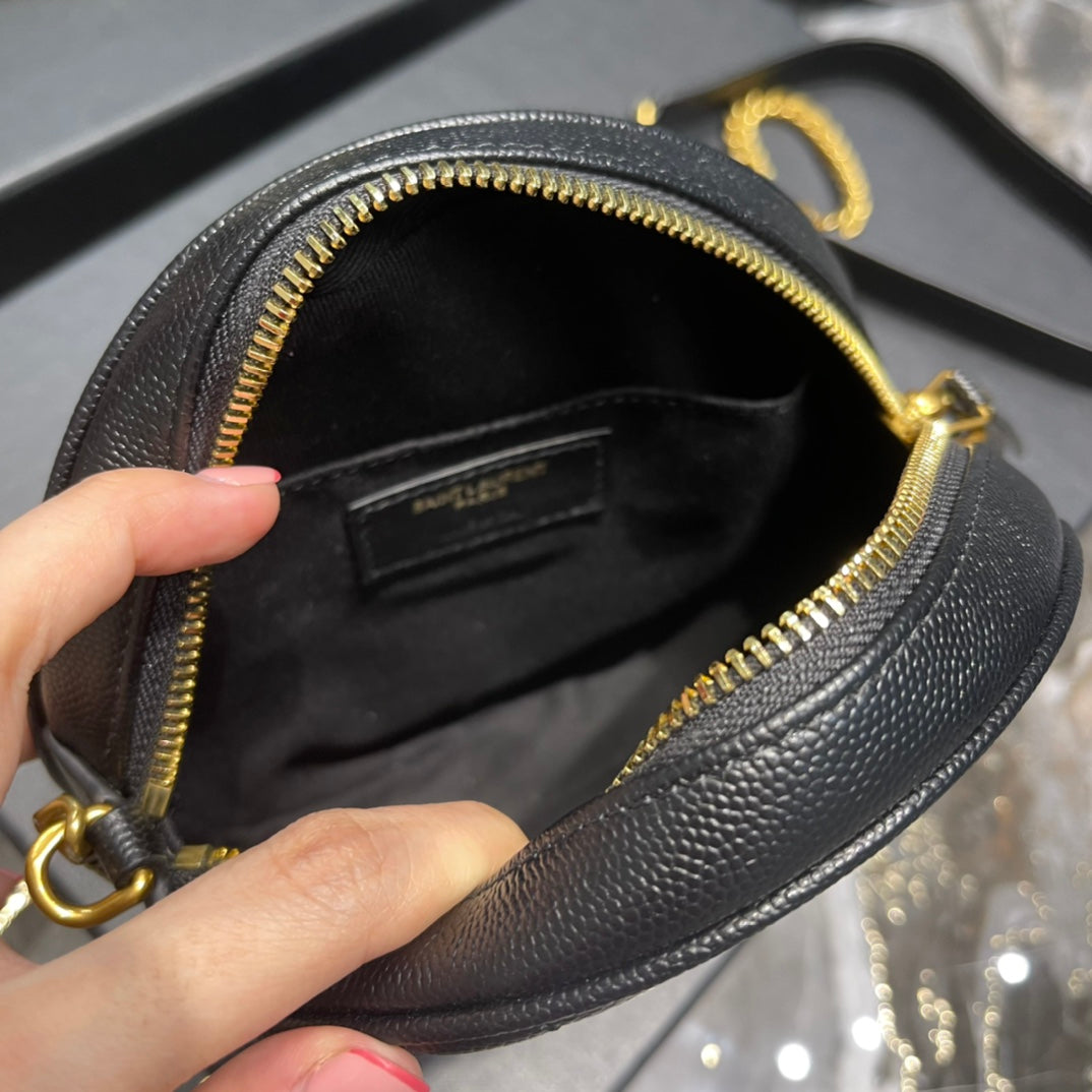 Saint Laurent Vinyle Round Camera Bag in Chevron Quilted Leather - Black
