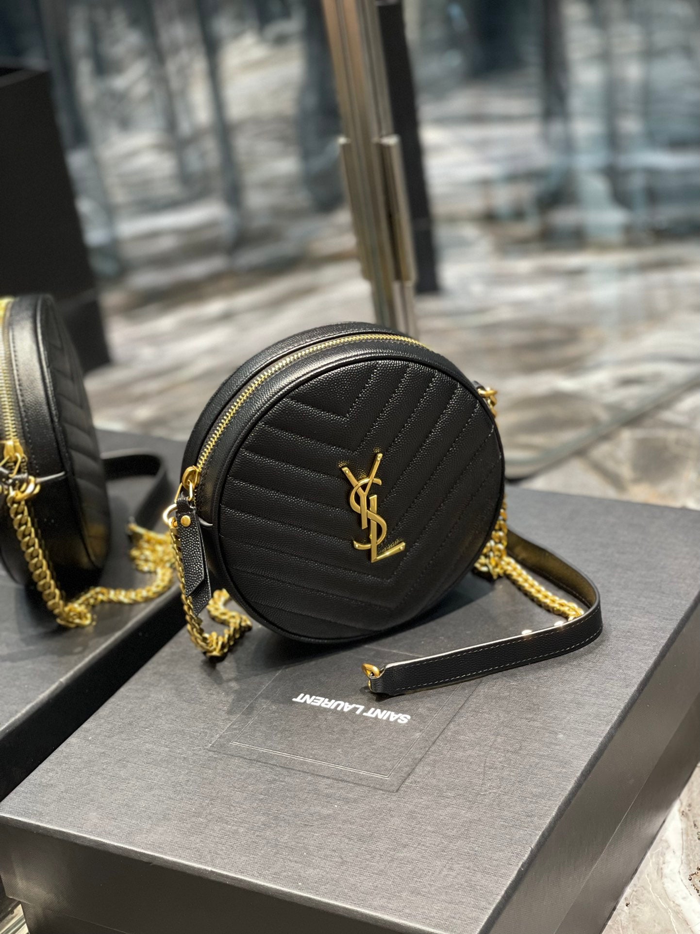 Saint Laurent Vinyle Round Camera Bag in Chevron Quilted Leather - Black