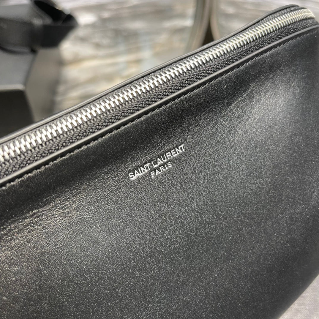 Saint Laurent Black Smooth Leather Belt Bag with Silver-Tone Hardware