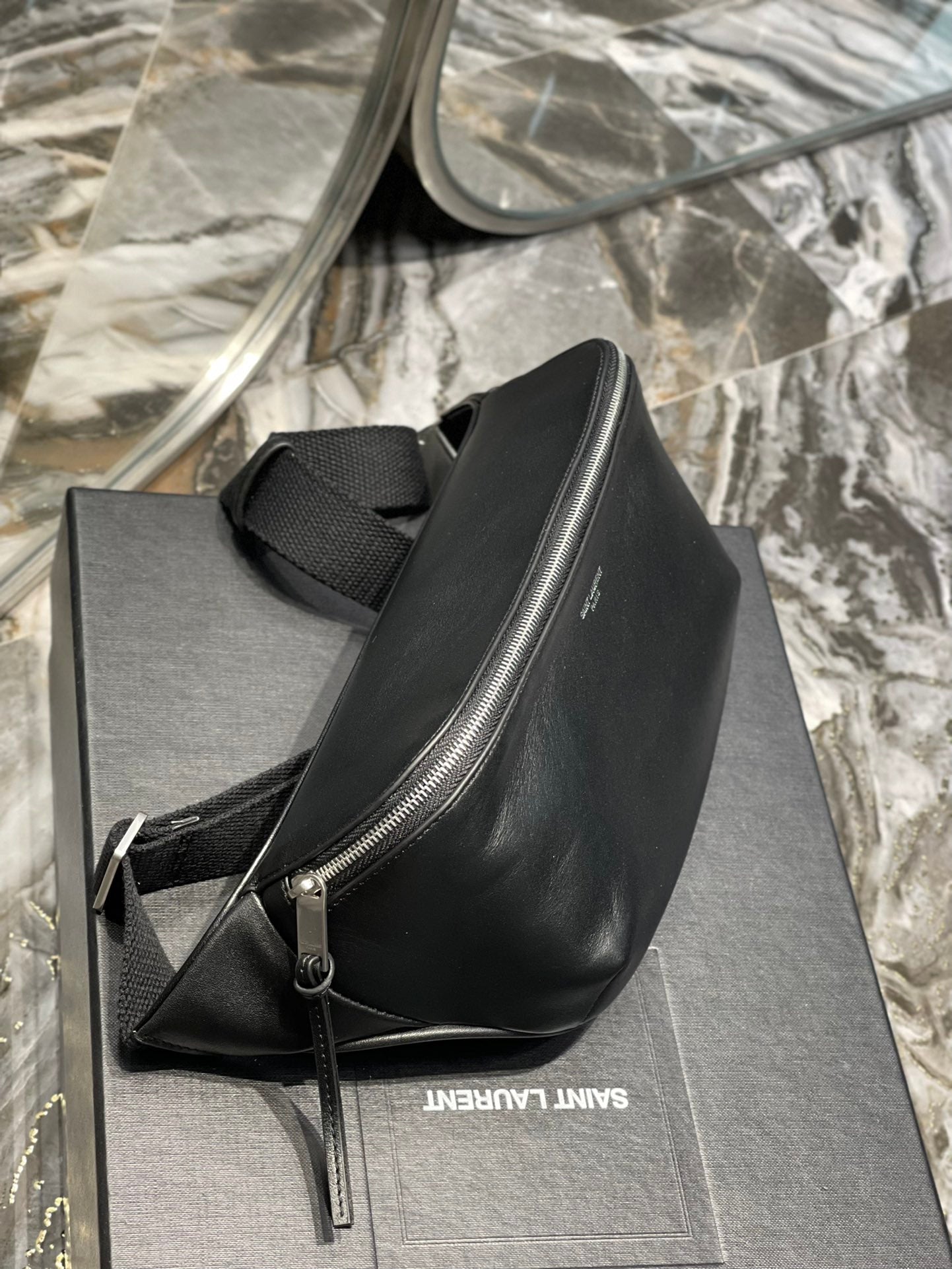 Saint Laurent Black Smooth Leather Belt Bag with Silver-Tone Hardware