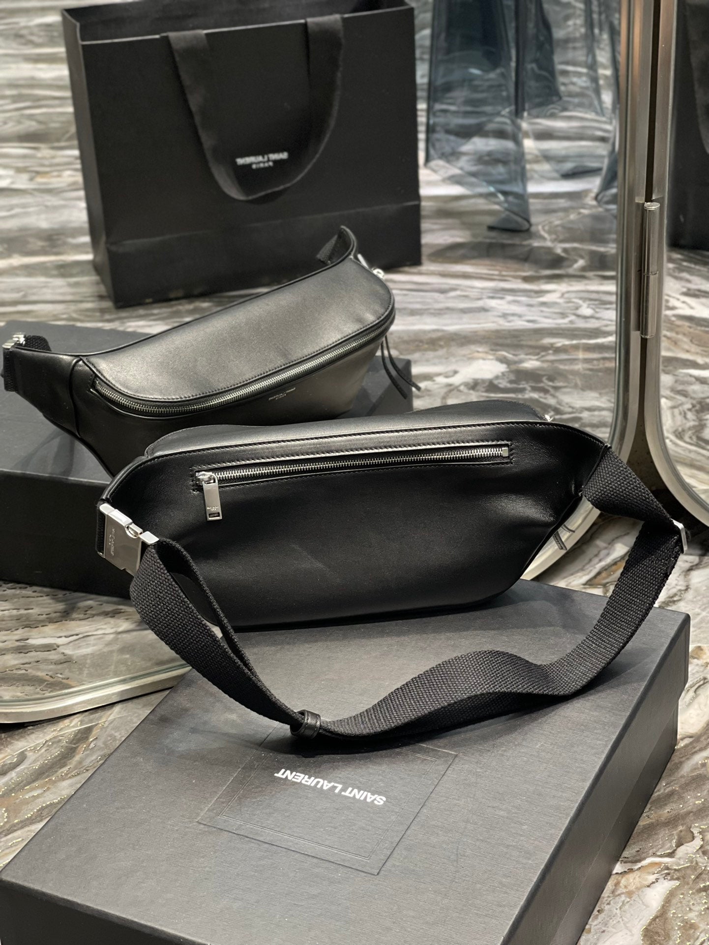 Saint Laurent Black Smooth Leather Belt Bag with Silver-Tone Hardware