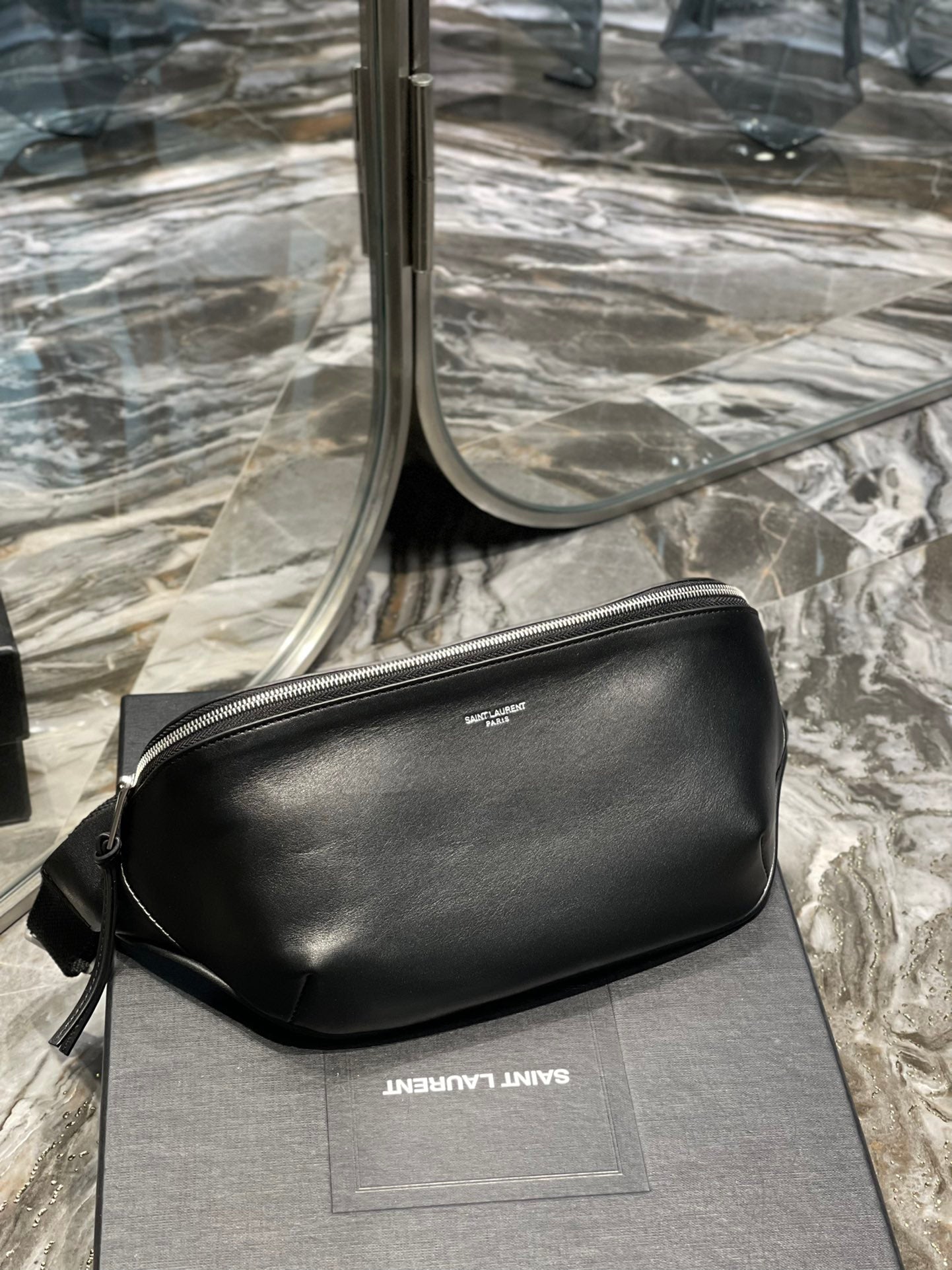 Saint Laurent Black Smooth Leather Belt Bag with Silver-Tone Hardware