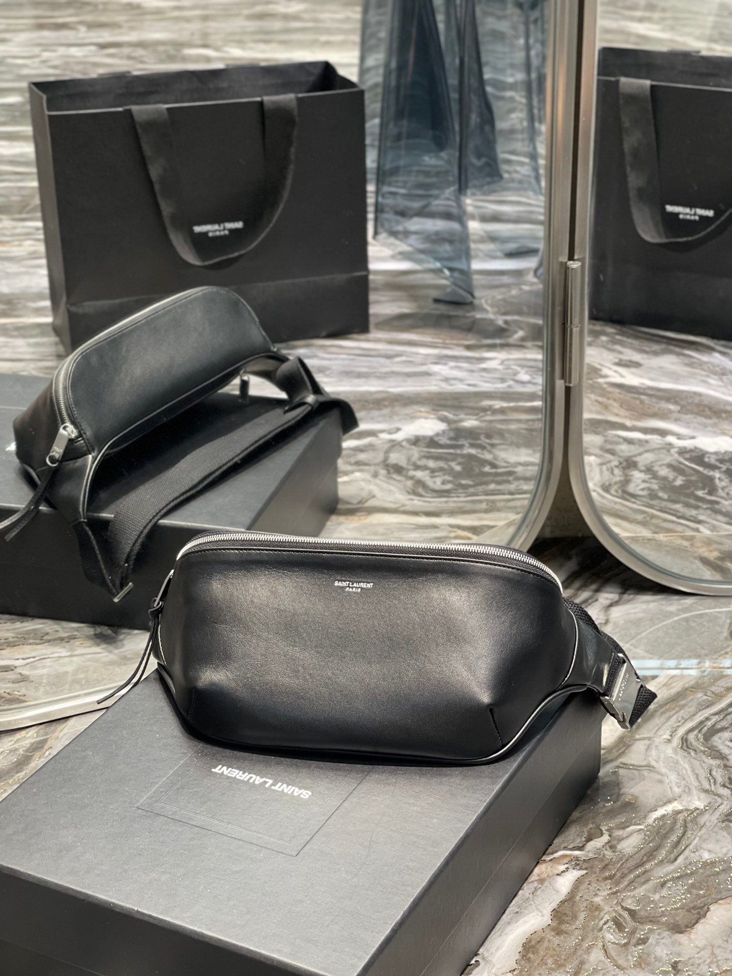 Saint Laurent Black Smooth Leather Belt Bag with Silver-Tone Hardware