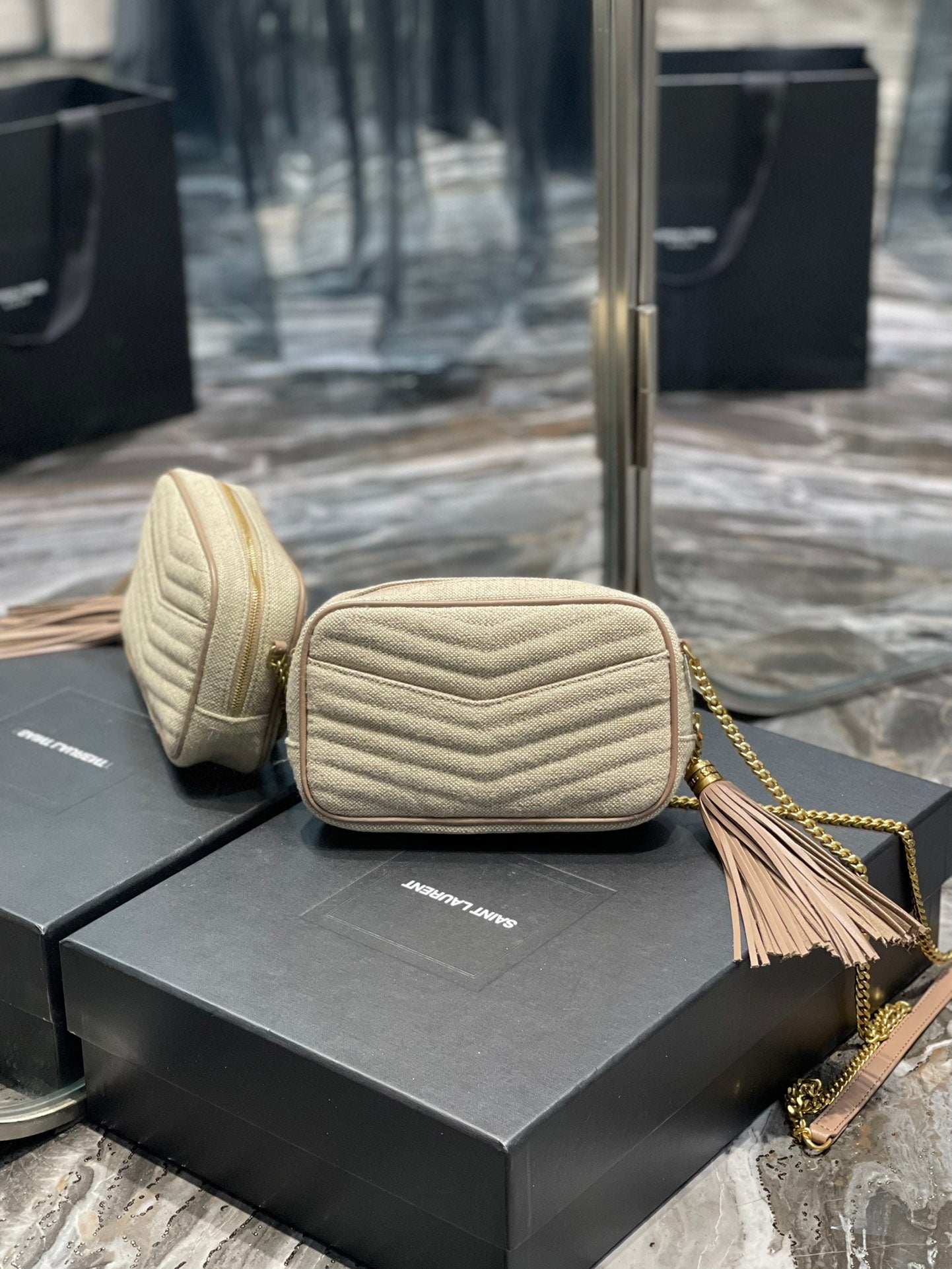 Saint Laurent Mini Lou Quilted Leather Crossbody Bag - Beige