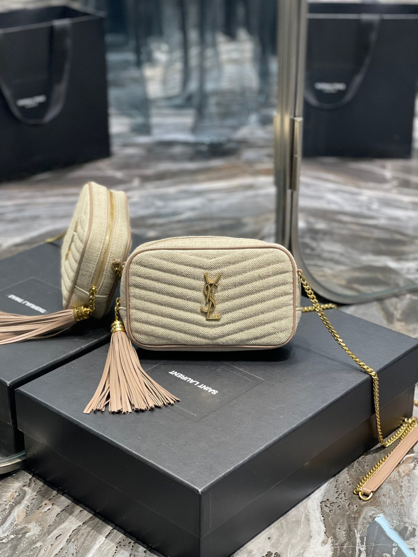 Saint Laurent Mini Lou Quilted Leather Crossbody Bag - Beige