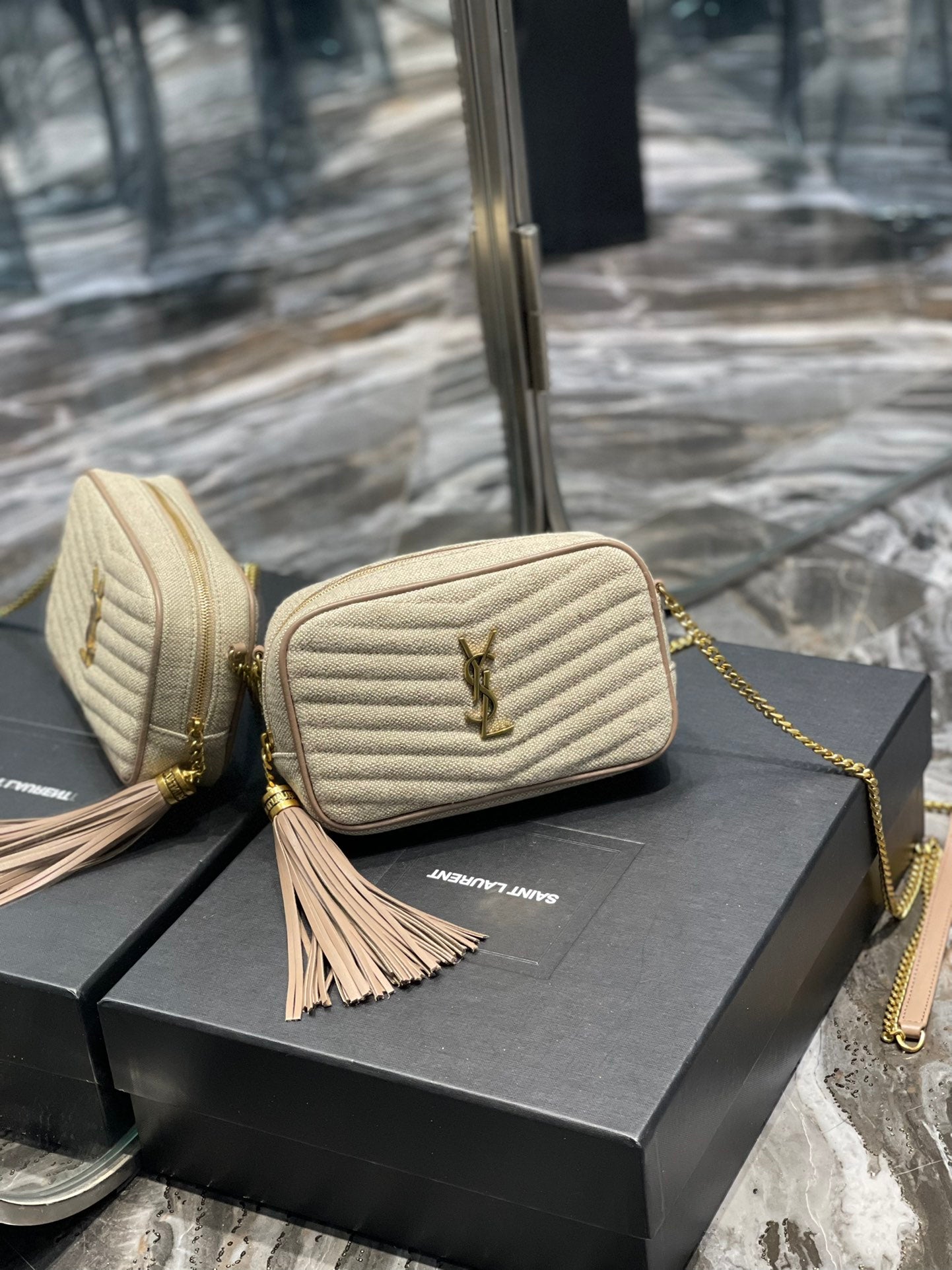 Saint Laurent Mini Lou Quilted Leather Crossbody Bag - Beige