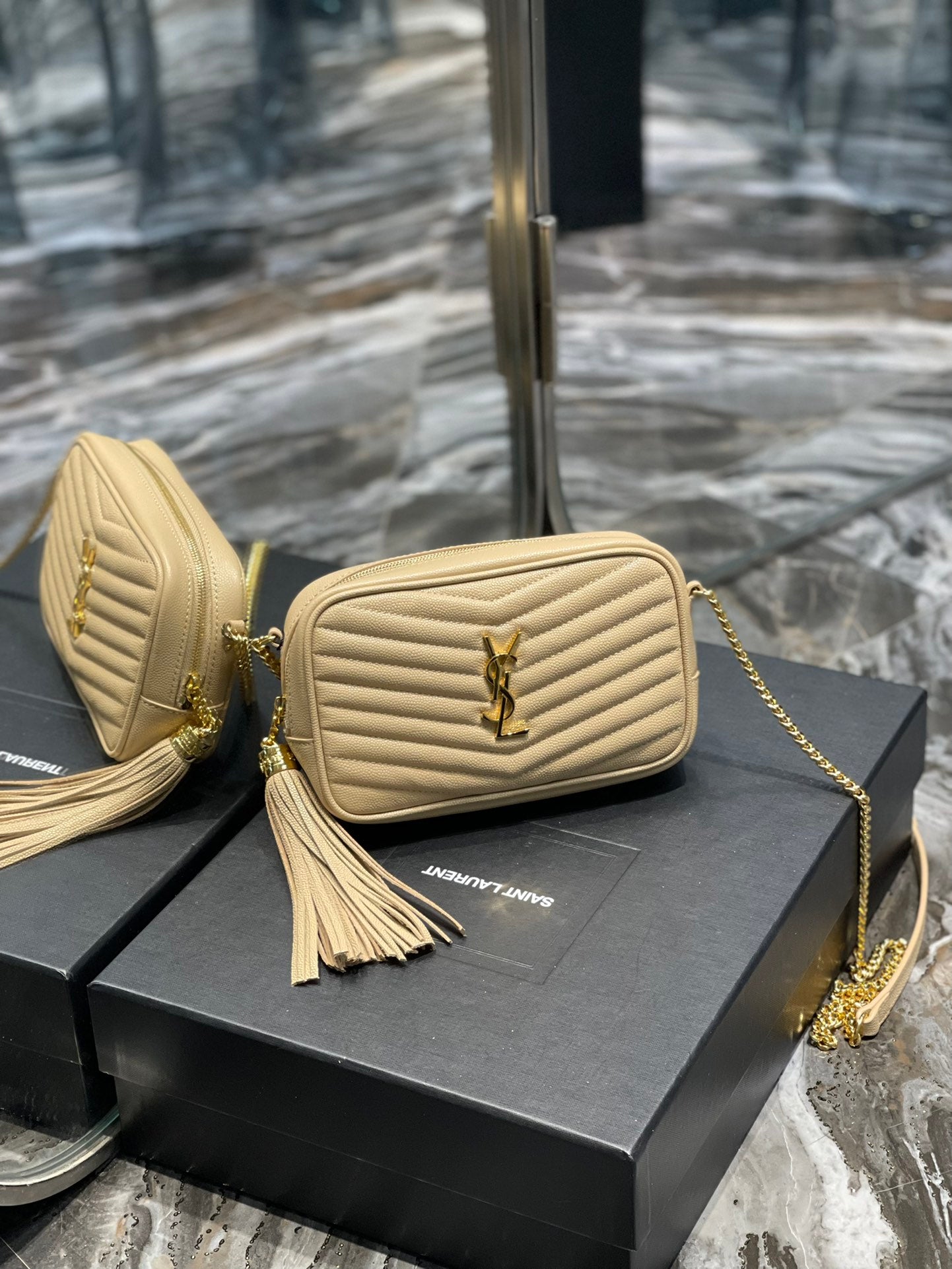 Saint Laurent Lou Mini Bag in Quilted Grain de Poudre Embossed Leather - Beige