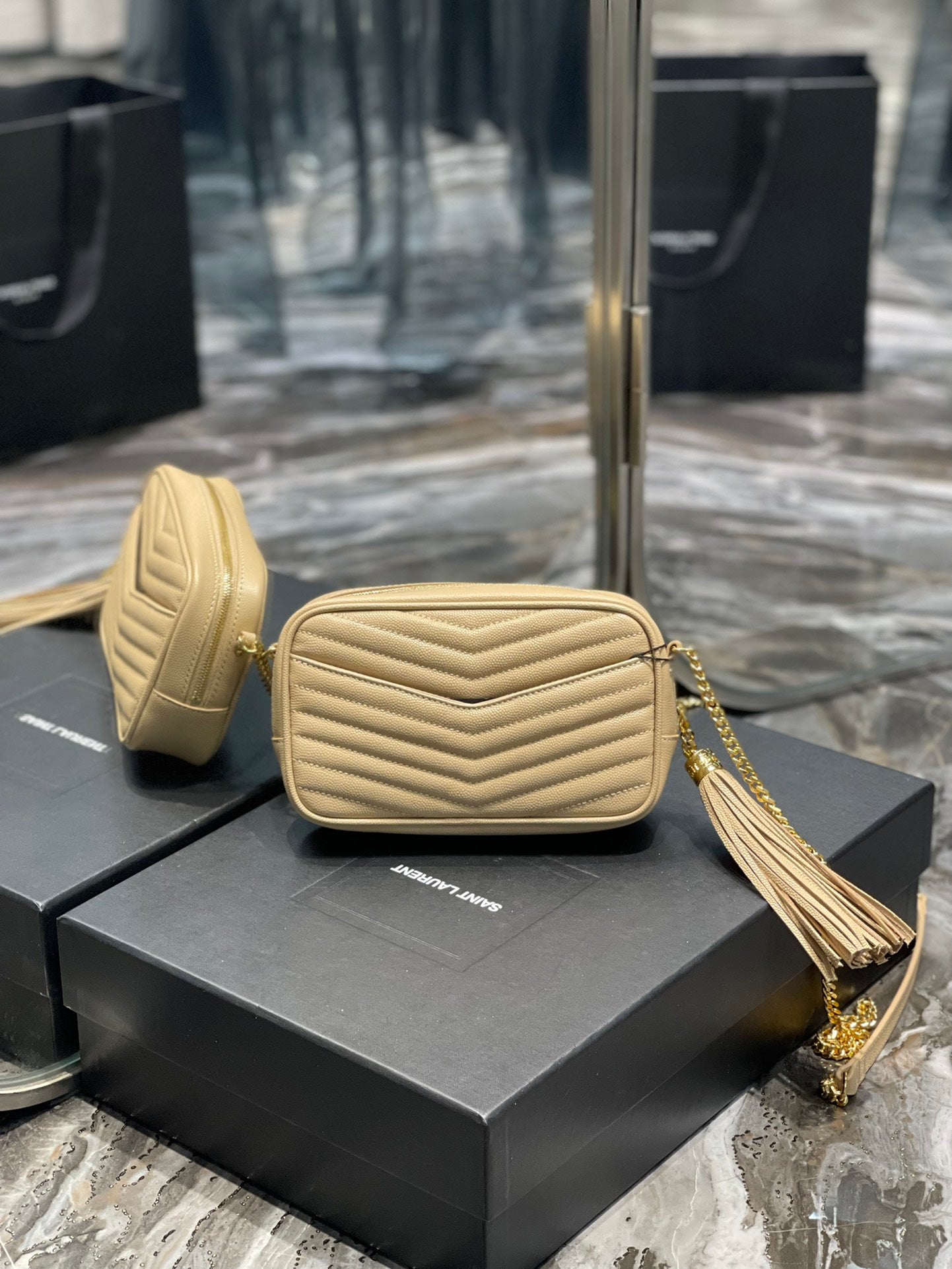 Saint Laurent Lou Mini Bag in Quilted Grain de Poudre Embossed Leather - Beige