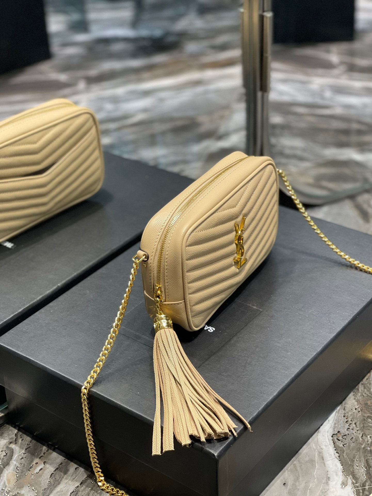 Saint Laurent Lou Mini Bag in Quilted Grain de Poudre Embossed Leather - Beige