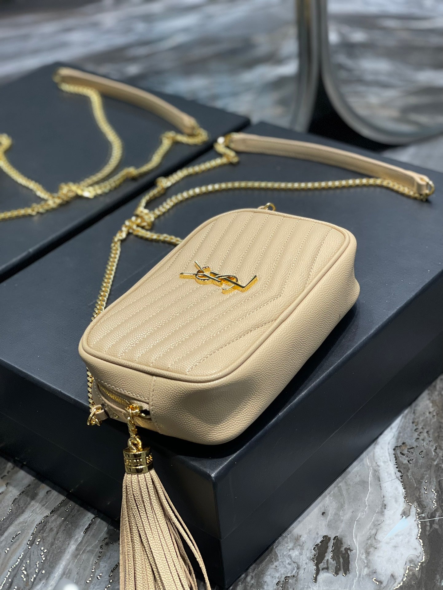 Saint Laurent Lou Mini Bag in Quilted Grain de Poudre Embossed Leather - Beige