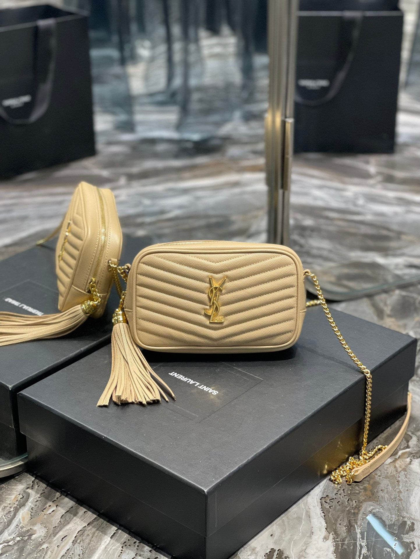 Saint Laurent Lou Mini Bag in Quilted Grain de Poudre Embossed Leather - Beige