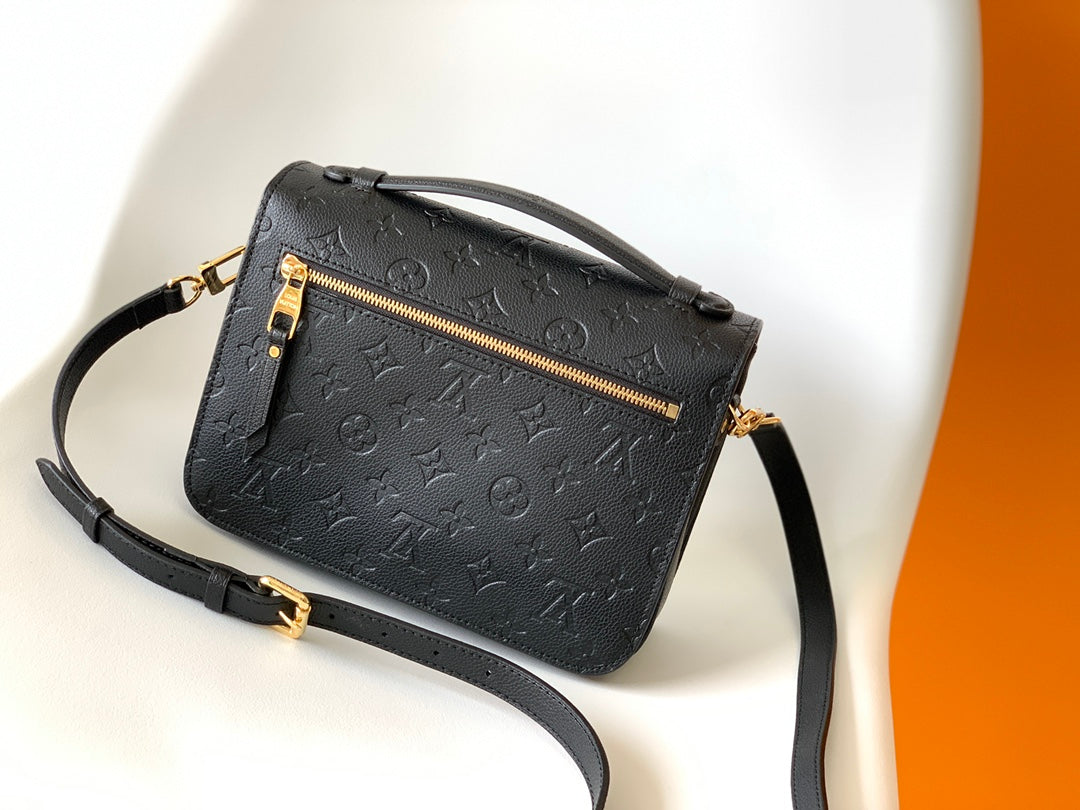 Louis Vuitton Black Embossed Leather Satchel Crossbody Handbag with Gold Clasp