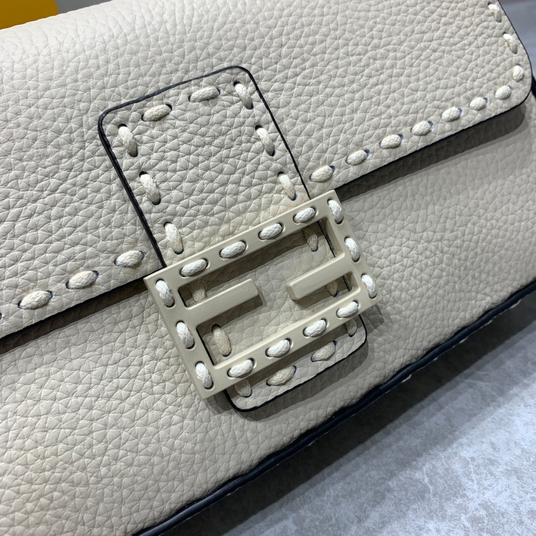 Fendi Baguette Selleria Leather Shoulder Bag in Cream with Studded Detail