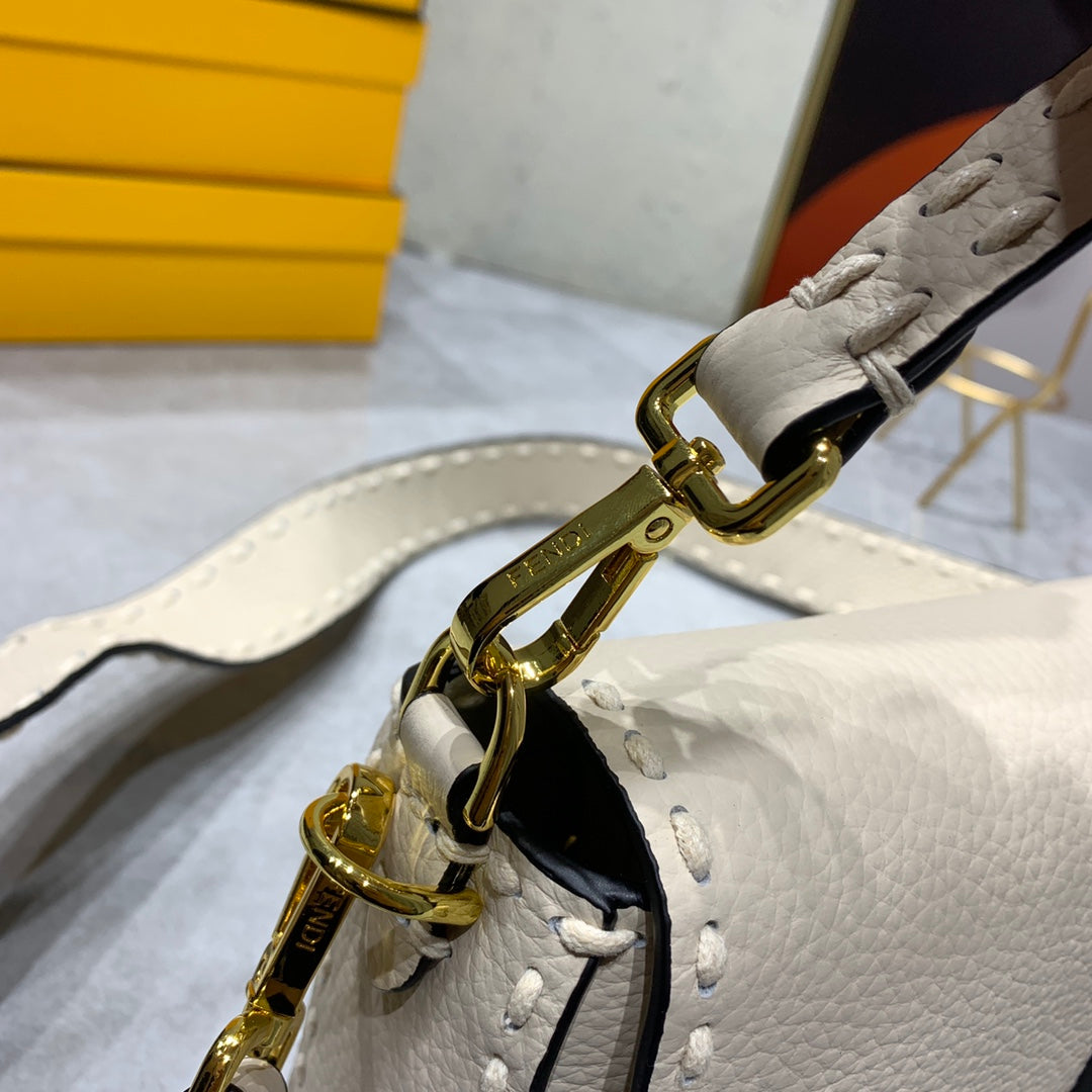 Fendi Baguette Selleria Leather Shoulder Bag in Cream with Studded Detail