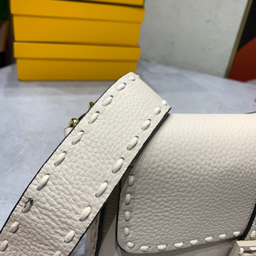 Fendi Baguette Selleria Leather Shoulder Bag in Cream with Studded Detail