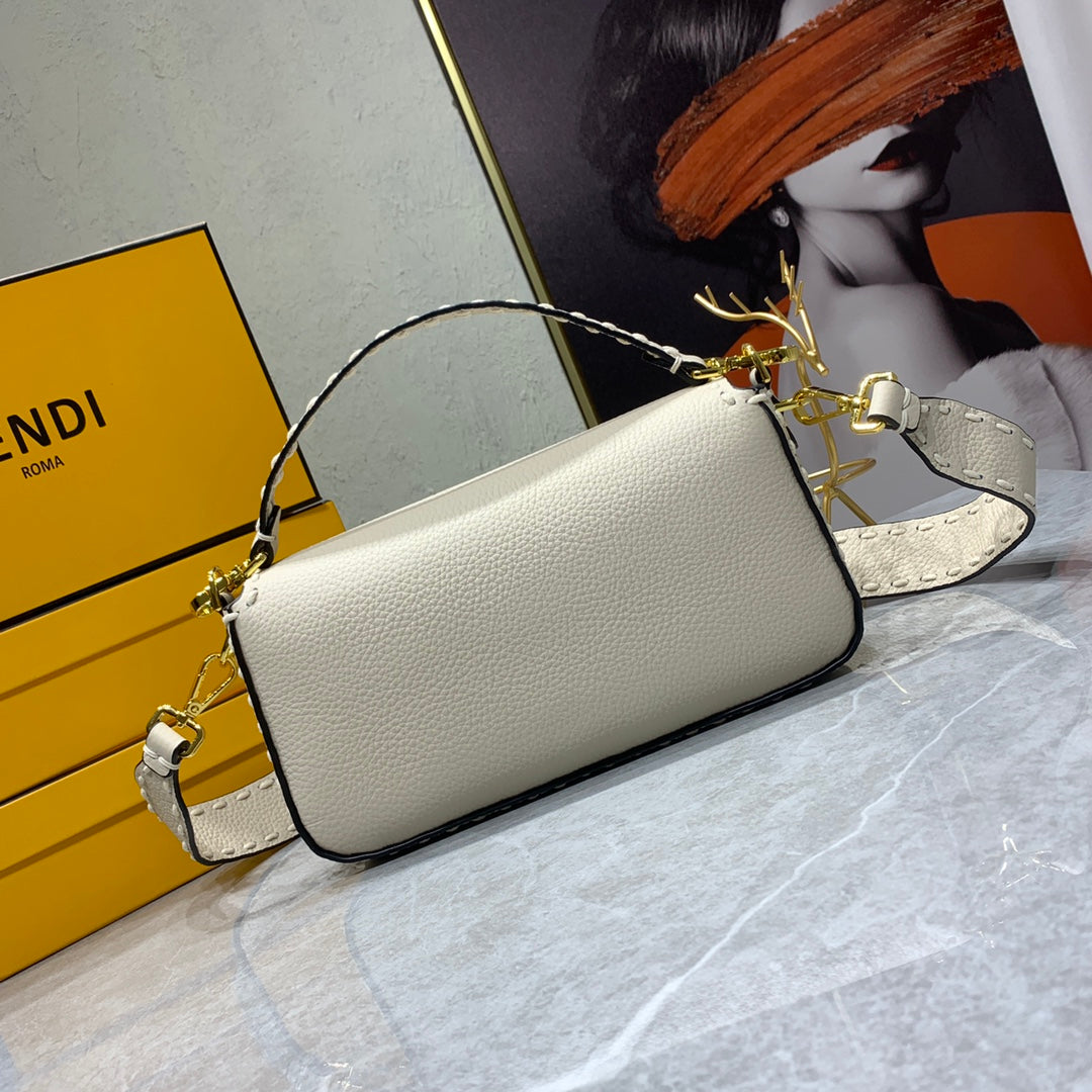 Fendi Baguette Selleria Leather Shoulder Bag in Cream with Studded Detail