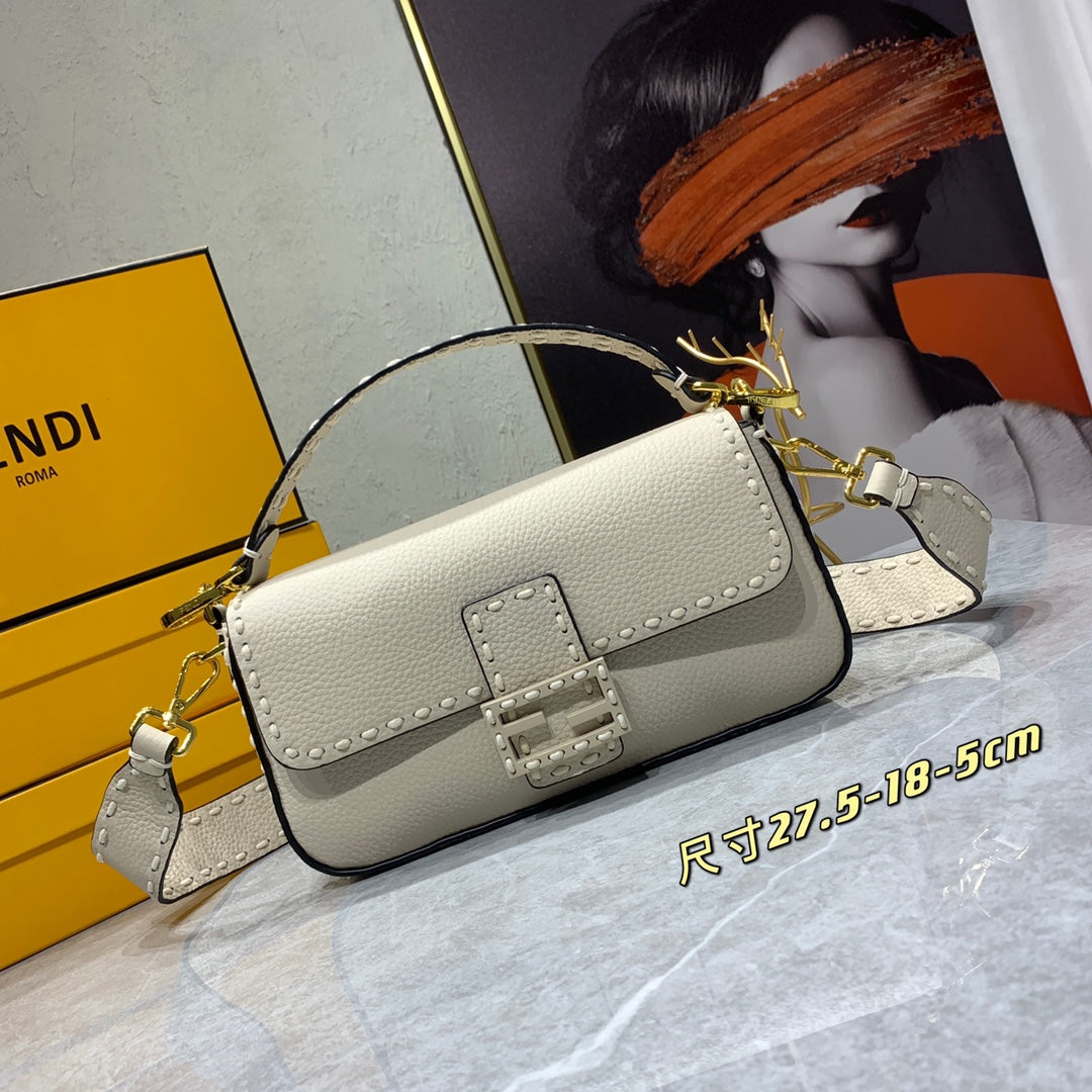 Fendi Baguette Selleria Leather Shoulder Bag in Cream with Studded Detail