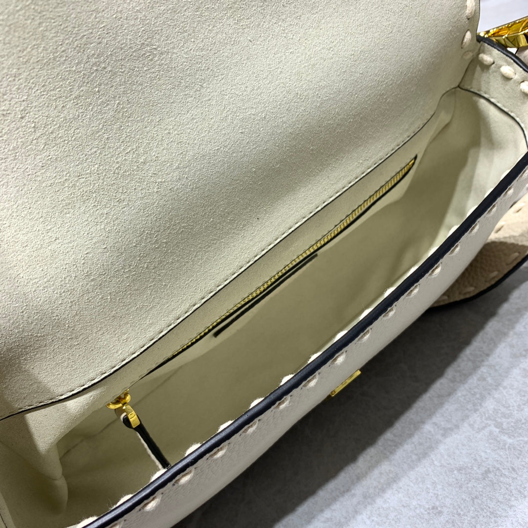 Fendi Baguette Beige Leather Shoulder Bag with Stud Detailing