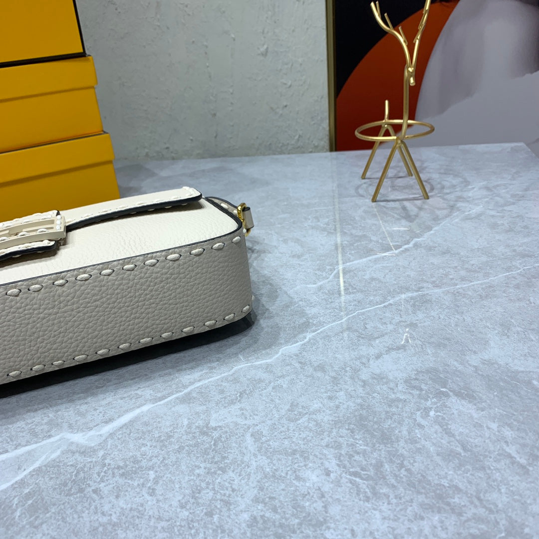 Fendi Baguette Selleria Leather Shoulder Bag in Cream with Studded Detail