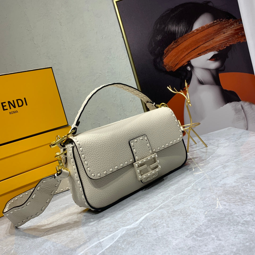 Fendi Baguette Beige Leather Shoulder Bag with Stud Detailing