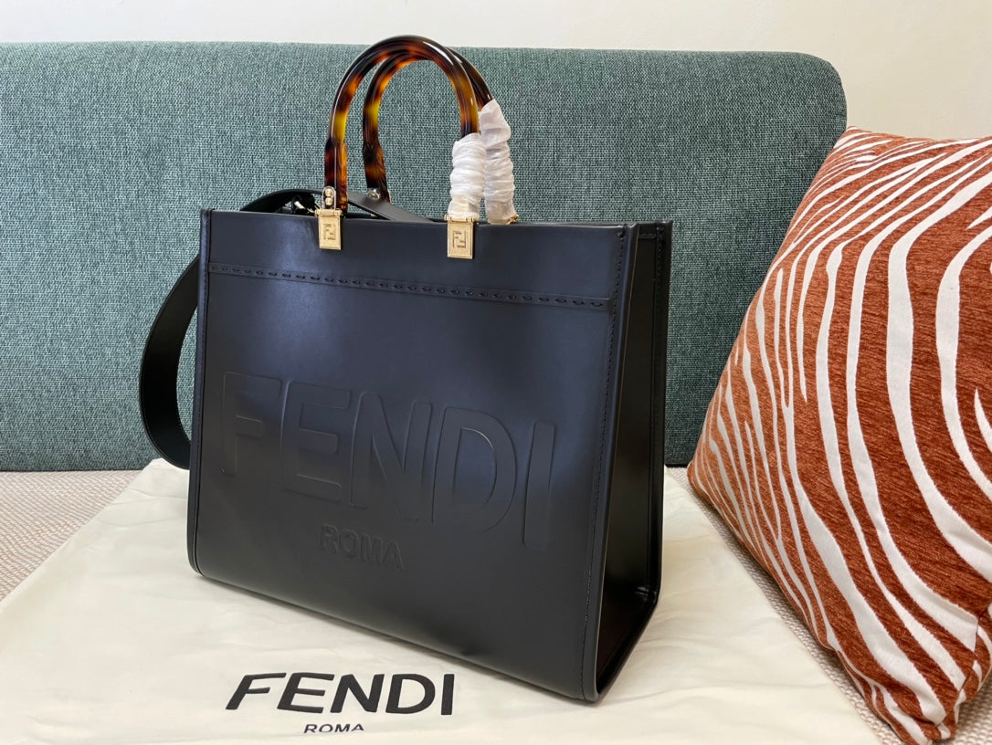 Fendi Sunshine Shopper Medium Black Leather Tote Bag