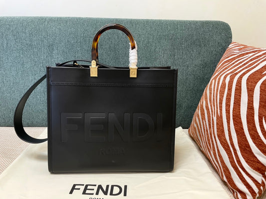 Fendi Sunshine Shopper Medium Black Leather Tote Bag