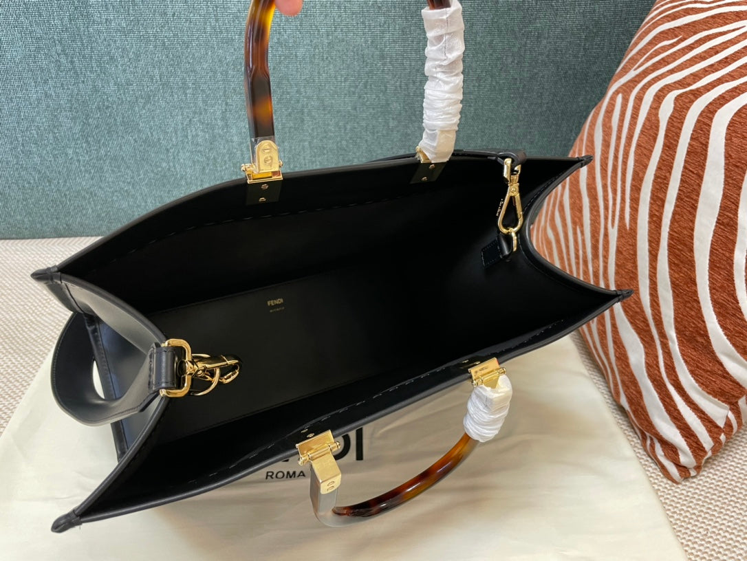Fendi Sunshine Shopper Medium Black Leather Tote Bag