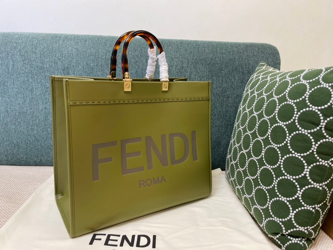 Fendi Sunshine Medium Leather Tote Bag - Olive Green