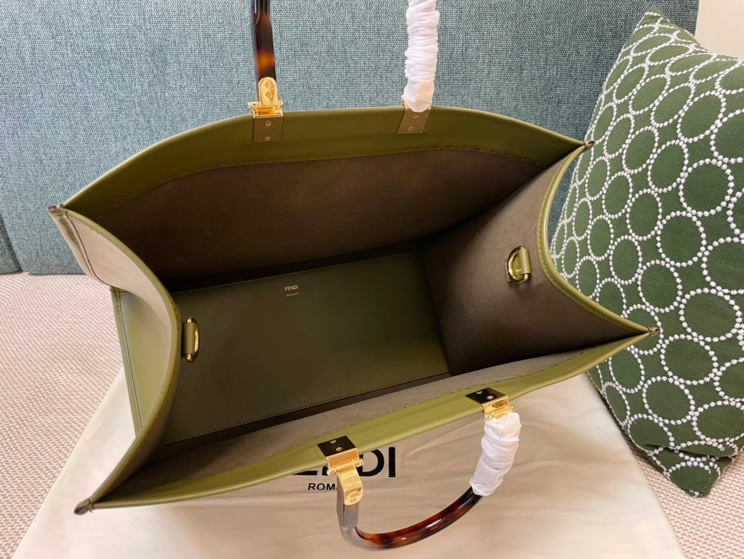 Fendi Sunshine Medium Leather Tote Bag - Olive Green