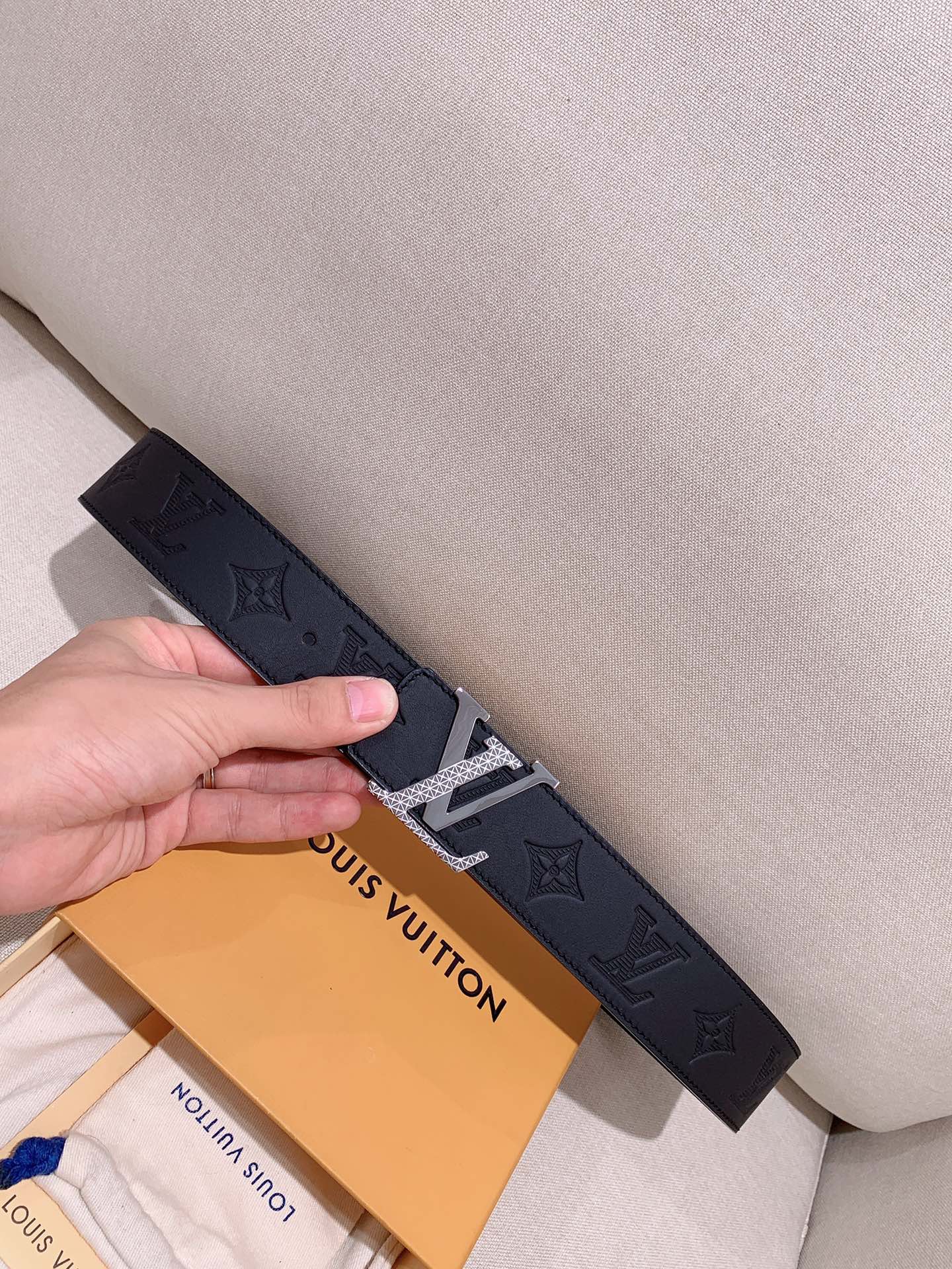 Louis Vuitton Men's LV Initiales 40mm Belt - Black Monogram Shadow Leather with Silver-Tone Textured Buckle