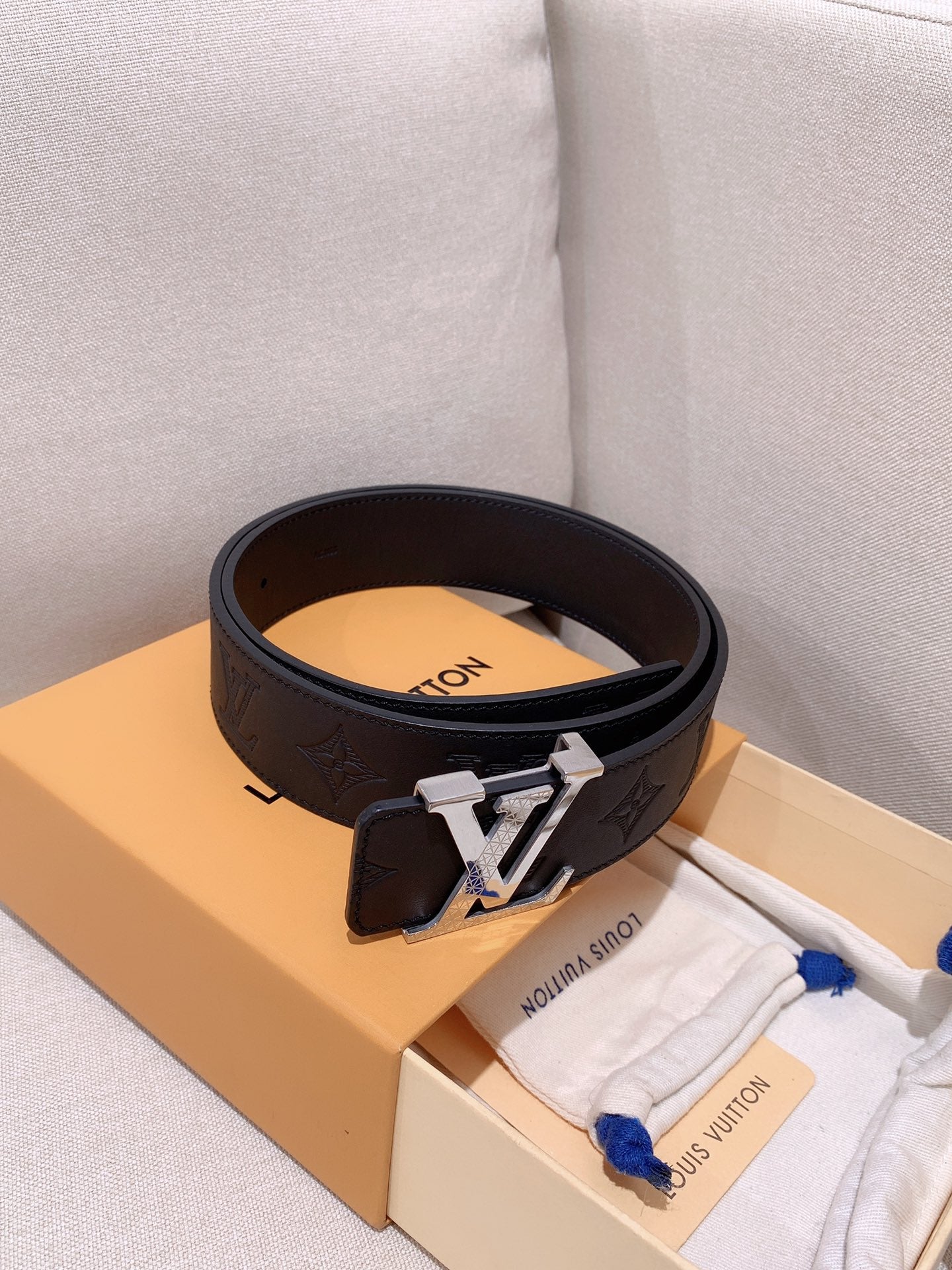 Louis Vuitton Men's LV Initiales 40mm Belt - Black Monogram Shadow Leather with Silver-Tone Textured Buckle