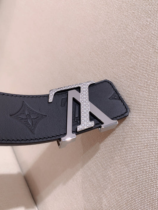 Louis Vuitton Men's LV Initiales 40mm Belt - Black Monogram Shadow Leather with Silver-Tone Textured Buckle